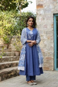 Flaired Cotton Embroidered Kurta Dupatta Set