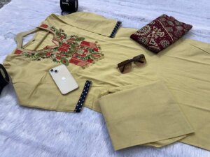 Elegant Cotton 60×60 A-Line Kurti Pant & Dupatta Set with Heavy Embroidery